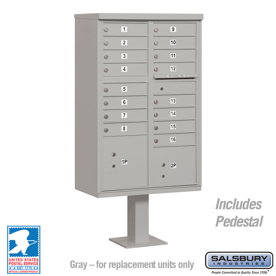 Cluster Box Unit with 16 Doors and 2 Parcel Lockers in Gray with USPS Access – Type III 
