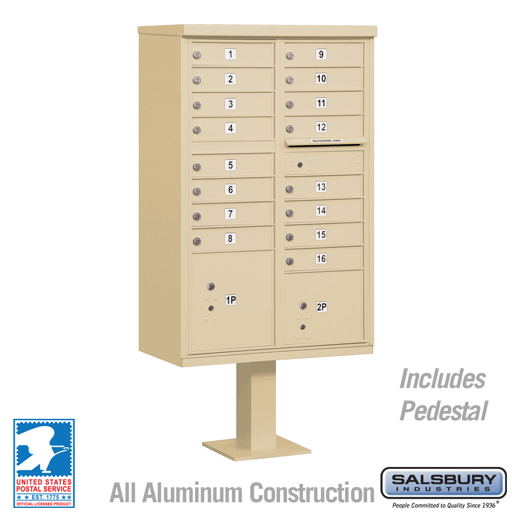 Cluster Box Unit with 16 Doors and 2 Parcel Lockers in Sandstone with USPS Access – Type III