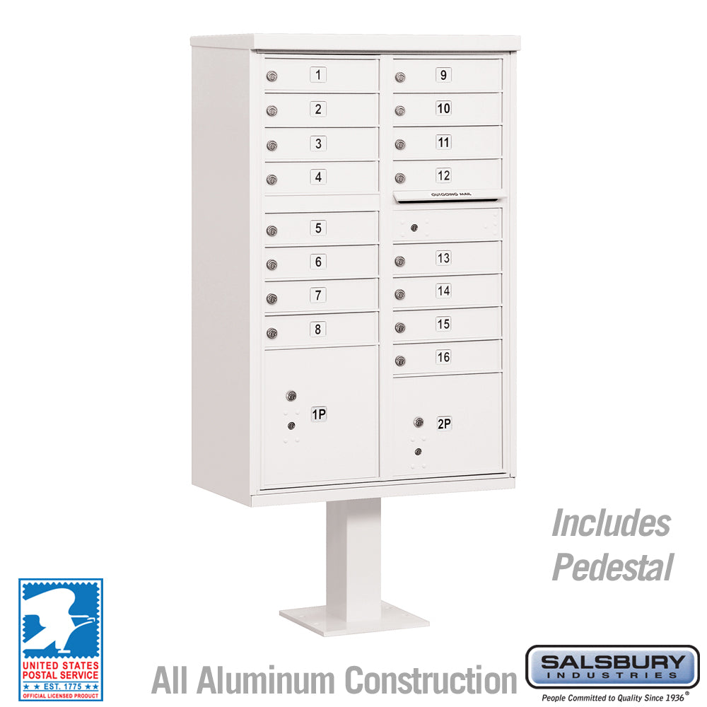 Cluster Box Unit with 16 Doors and 2 Parcel Lockers in White with USPS Access – Type III 