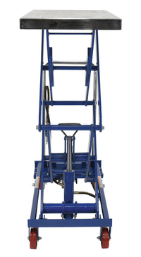 Thumbnail for Carbon Steel Air/Hydraulic Scissor Lift Cart 35-1/2 In. x 20 In. Platform With Poly-On-Poly Casters 800 Lb. Capacity Blue/Silver
