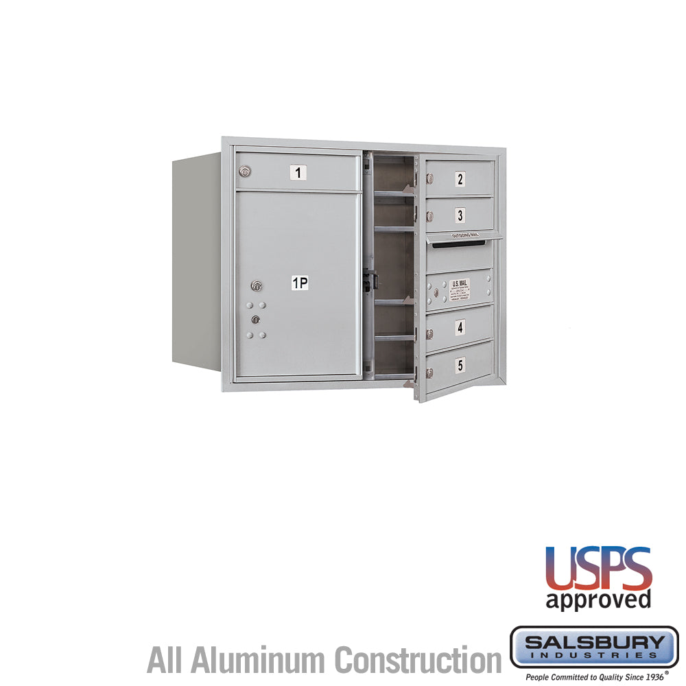 6 Door High Recessed Mounted 4C Horizontal Mailbox with 5 Doors and 1 Parcel Locker in Aluminum with USPS Access - Front Loading