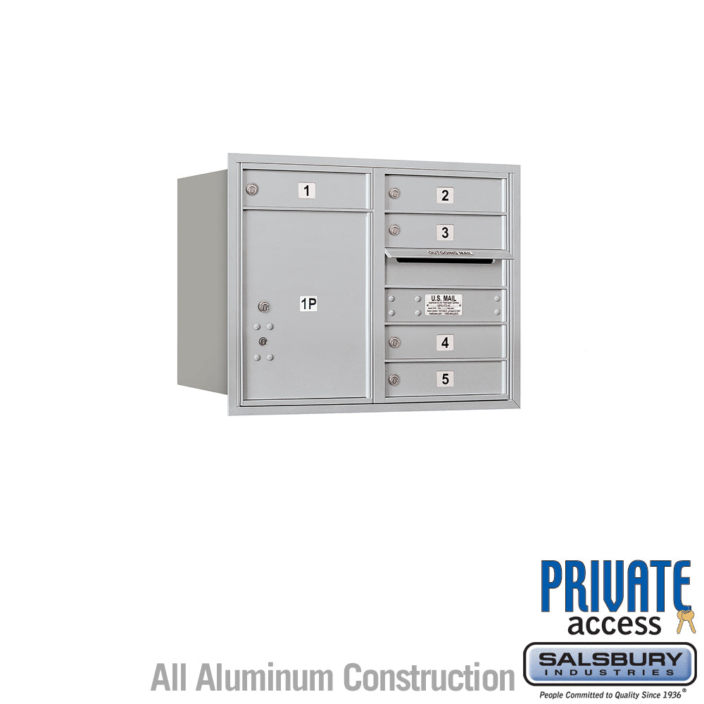 6 Door High Recessed Mounted 4C Horizontal Mailbox with 5 Doors and 1 Parcel Locker in Aluminum with Private Access - Rear Loading