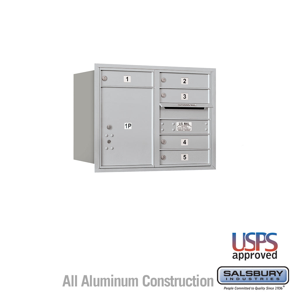 6 Door High Recessed Mounted 4C Horizontal Mailbox with 5 Doors and 1 Parcel Locker in Aluminum with USPS Access - Rear Loading