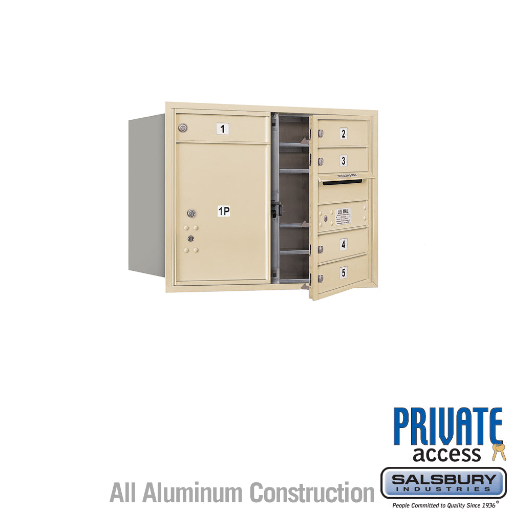 6 Door High Recessed Mounted 4C Horizontal Mailbox with 5 Doors and 1 Parcel Locker in Sandstone with Private Access - Front Loading