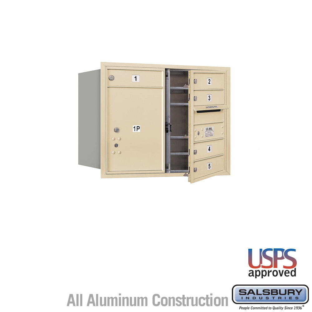 6 Door High Recessed Mounted 4C Horizontal Mailbox with 5 Doors and 1 Parcel Locker in Sandstone with USPS Access - Front Loading