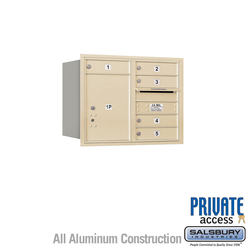 6 Door High Recessed Mounted 4C Horizontal Mailbox with 5 Doors and 1 Parcel Locker in Sandstone with Private Access - Rear Loading