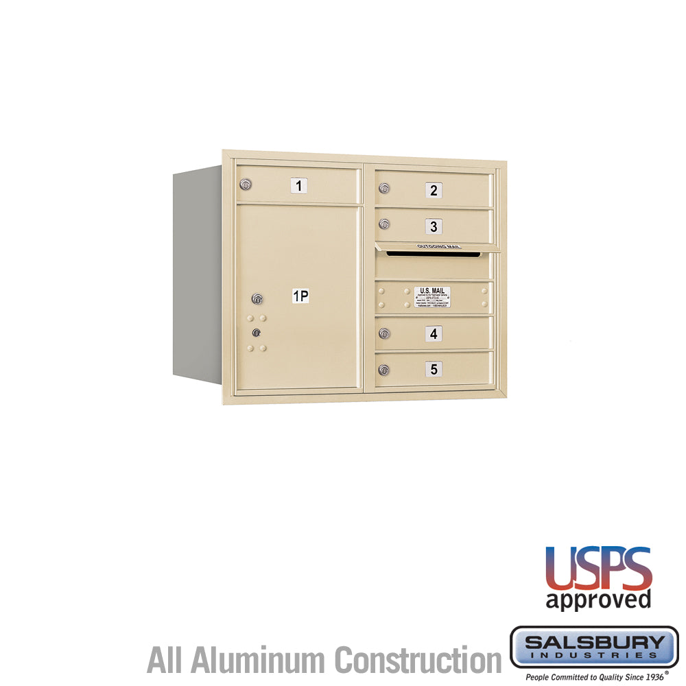 6 Door High Recessed Mounted 4C Horizontal Mailbox with 5 Doors and 1 Parcel Locker in Sandstone with USPS Access - Rear Loading