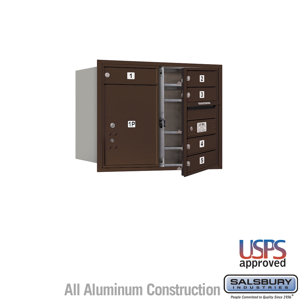 6 Door High Recessed Mounted 4C Horizontal Mailbox with 5 Doors and 1 Parcel Locker in Bronze with USPS Access - Front Loading