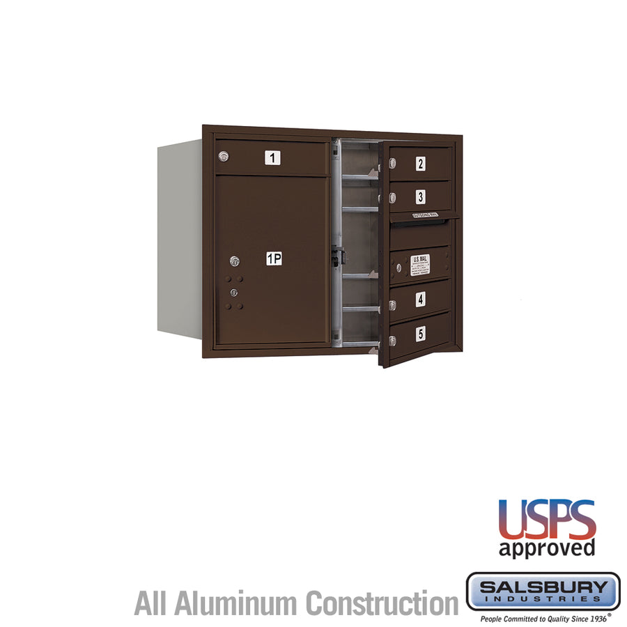 6 Door High Recessed Mounted 4C Horizontal Mailbox with 5 Doors and 1 Parcel Locker in Bronze with USPS Access - Front Loading