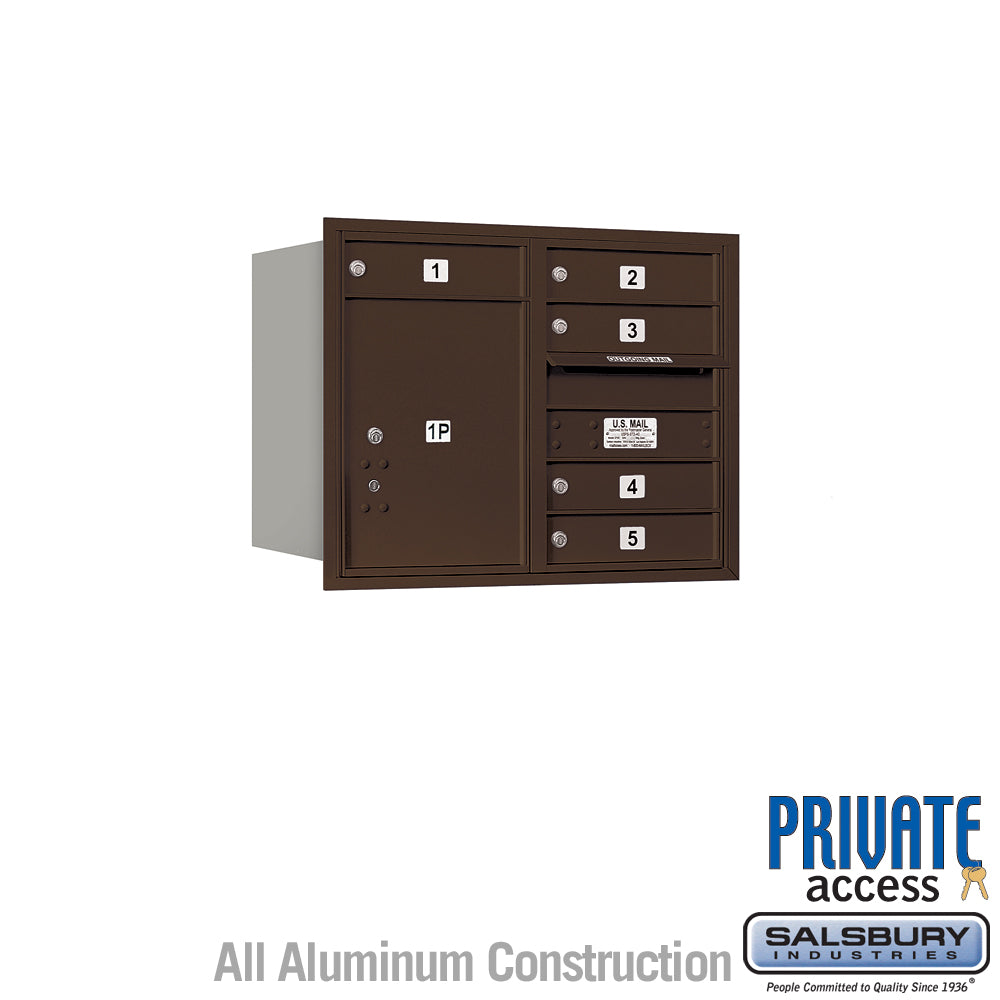 6 Door High Recessed Mounted 4C Horizontal Mailbox with 5 Doors and 1 Parcel Locker in Bronze with Private Access - Rear Loading