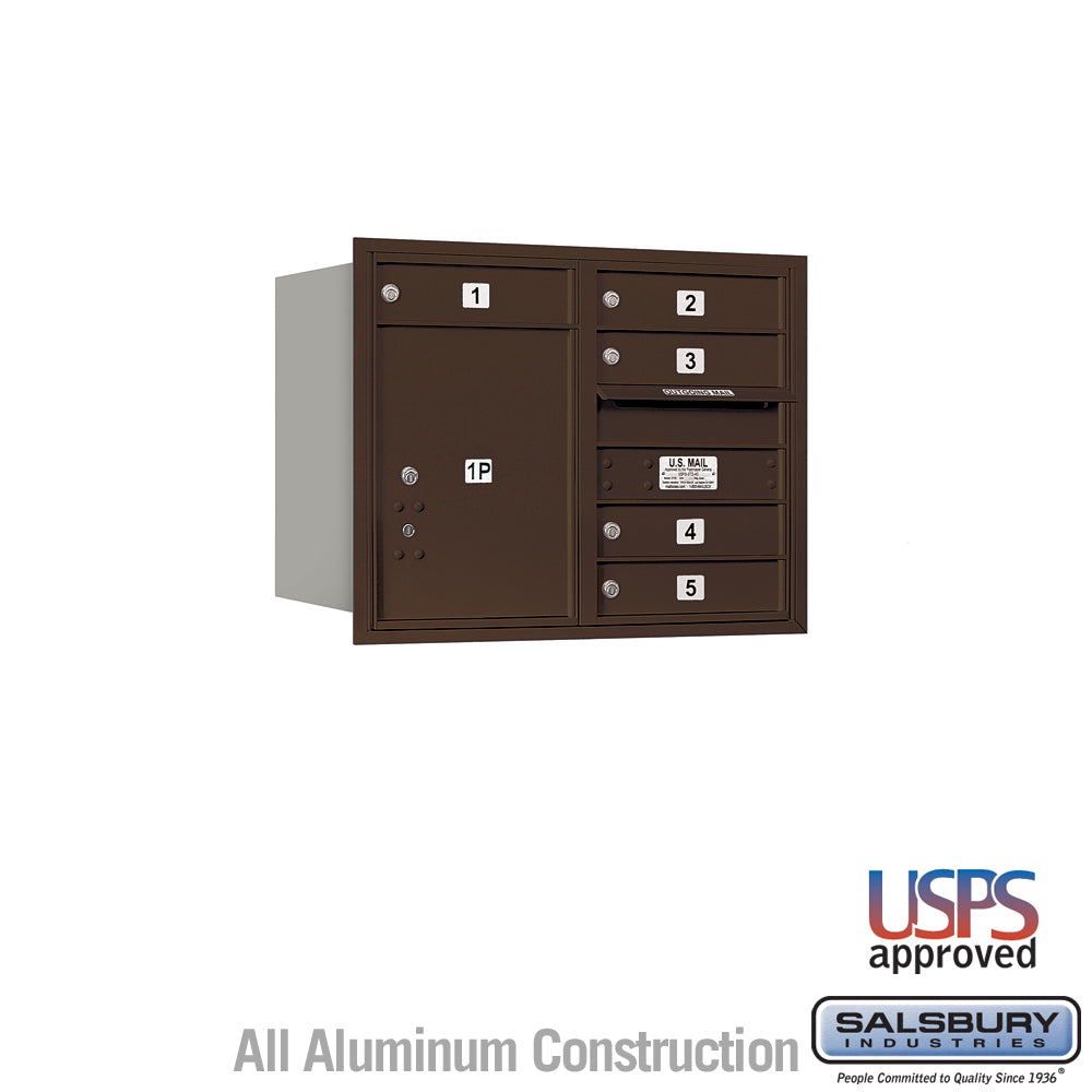 6 Door High Recessed Mounted 4C Horizontal Mailbox with 5 Doors and 1 Parcel Locker in Bronze with USPS Access - Rear Loading