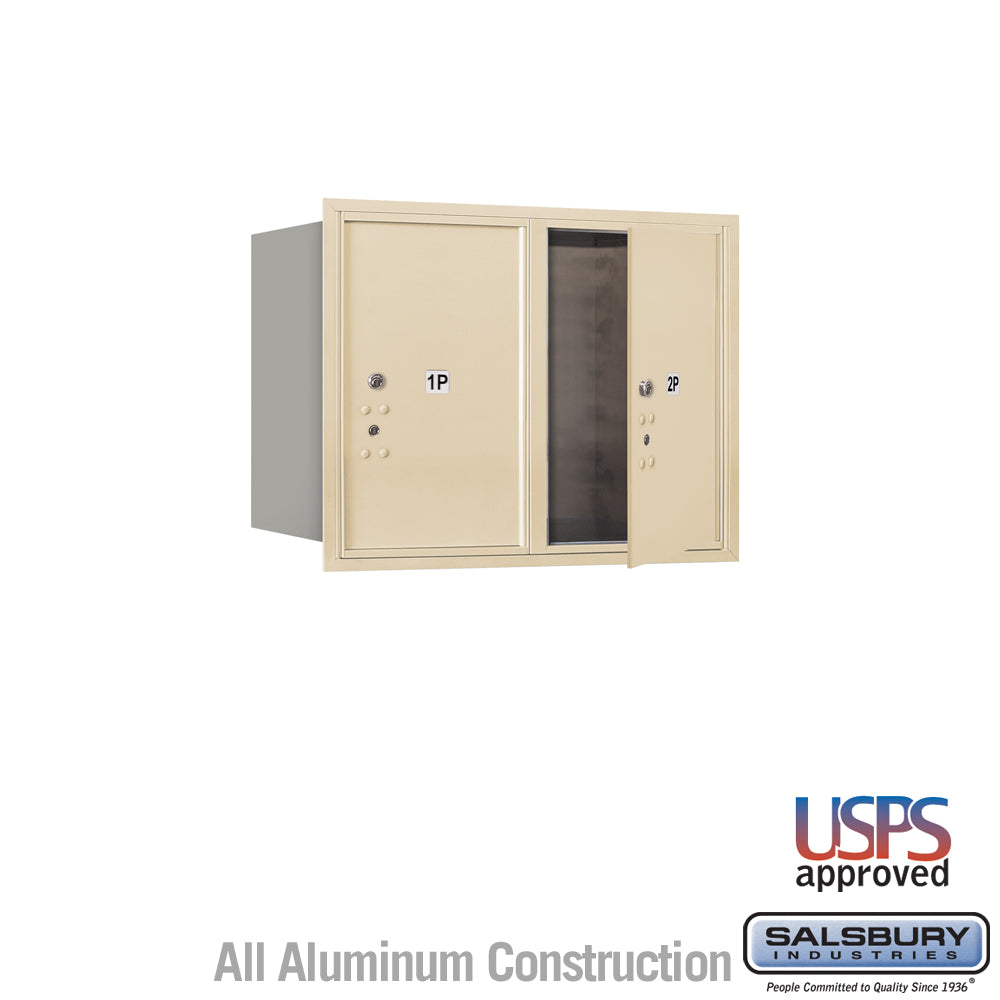 6 Door High Recessed Mounted 4C Horizontal Parcel Locker with 2 Parcel Lockers in Sandstone with USPS Access - Front Loading