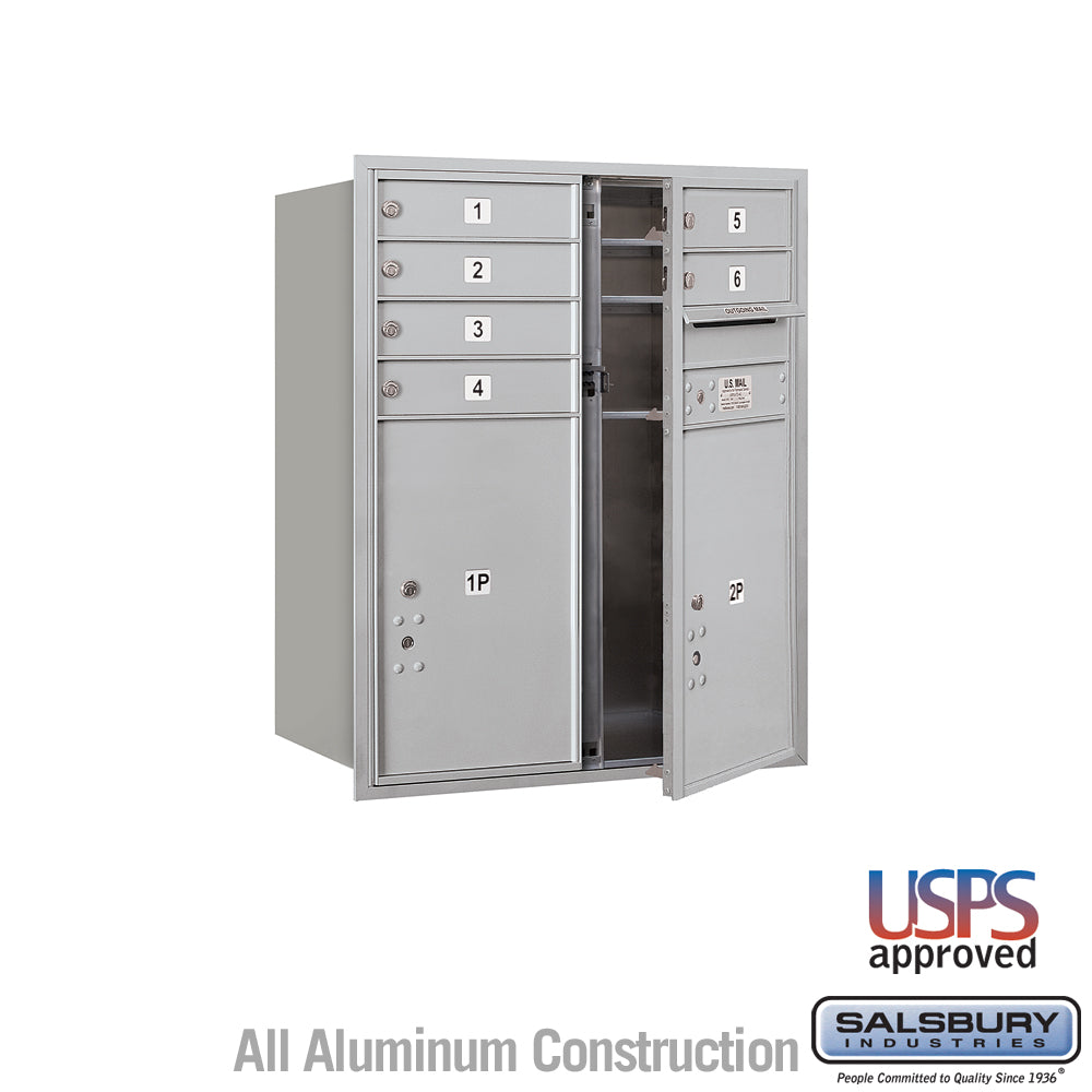10 Door High Recessed Mounted 4C Horizontal Mailbox with 6 Doors and 2 Parcel Lockers in Aluminum with USPS Access - Front Loading