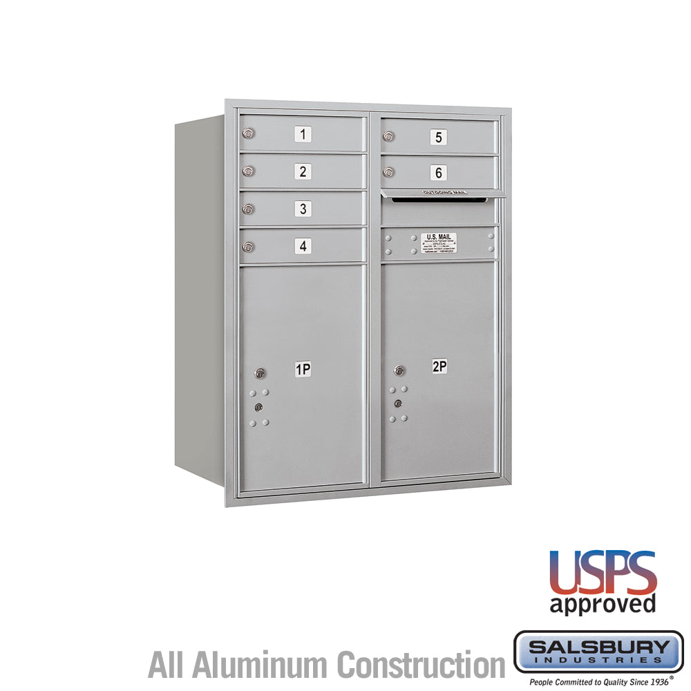 10 Door High Recessed Mounted 4C Horizontal Mailbox with 6 Doors and 2 Parcel Lockers in Aluminum with USPS Access - Rear Loading