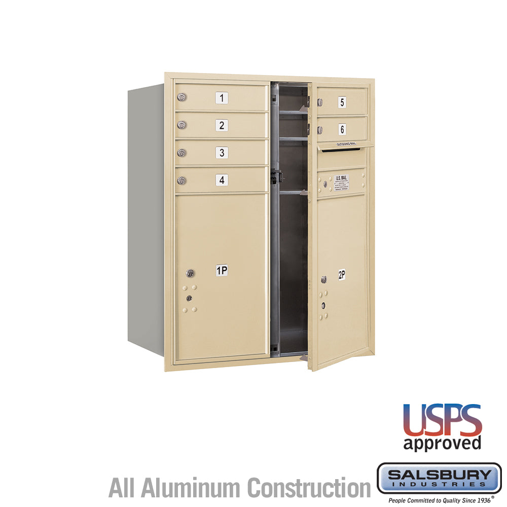 10 Door High Recessed Mounted 4C Horizontal Mailbox with 6 Doors and 2 Parcel Lockers in Sandstone with USPS Access - Front Loading