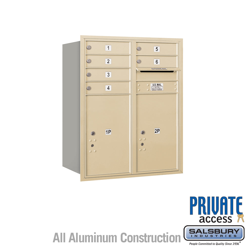 10 Door High Recessed Mounted 4C Horizontal Mailbox with 6 Doors and 2 Parcel Lockers in Sandstone with Private Access - Rear Loading