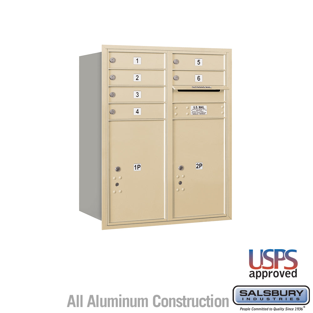 10 Door High Recessed Mounted 4C Horizontal Mailbox with 6 Doors and 2 Parcel Lockers in Sandstone with USPS Access - Rear Loading