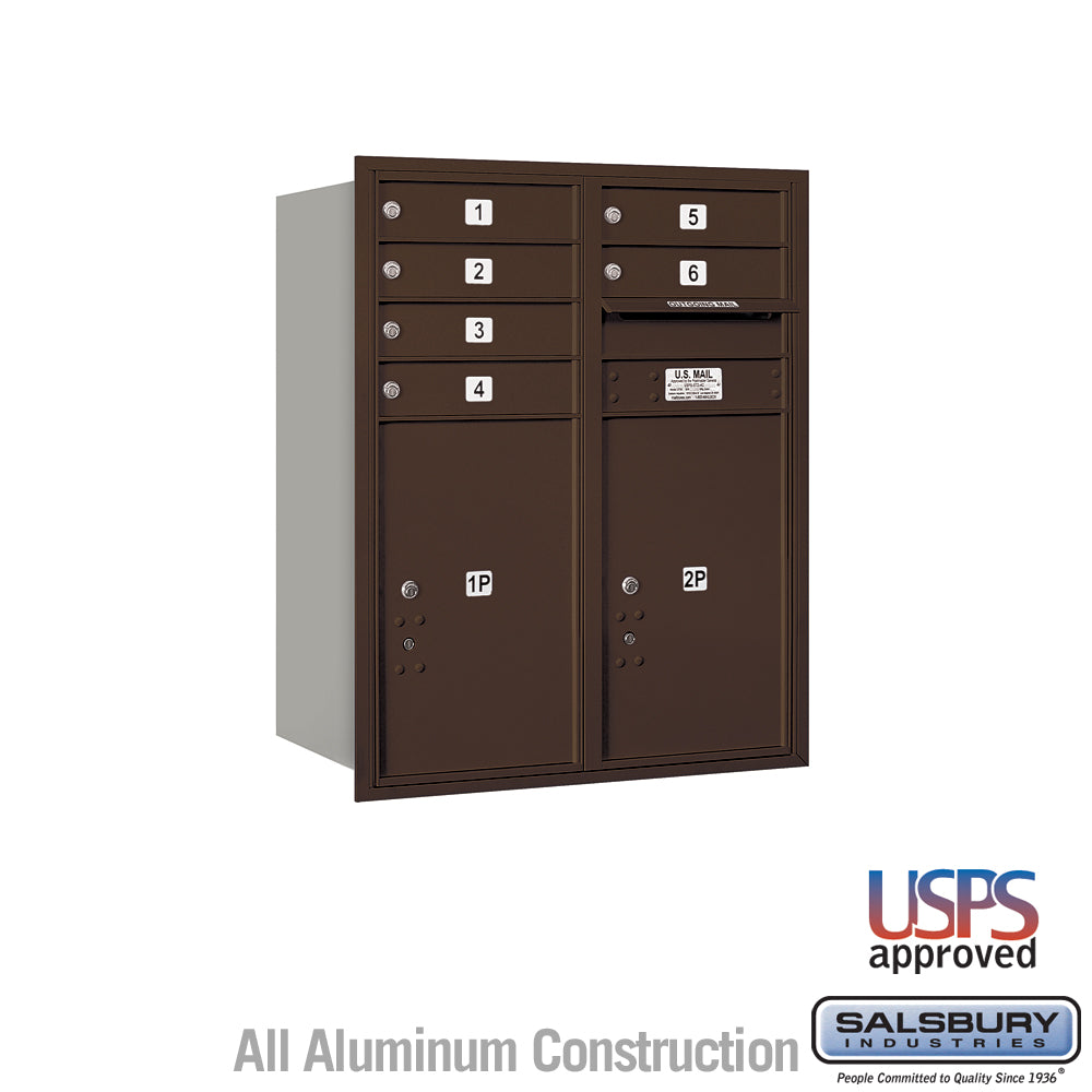 10 Door High Recessed Mounted 4C Horizontal Mailbox with 6 Doors and 2 Parcel Lockers in Bronze with USPS Access - Rear Loading