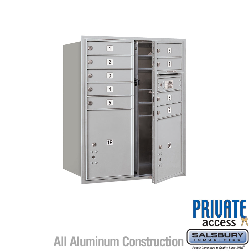 10 Door High Recessed Mounted 4C Horizontal Mailbox with 9 Doors and 2 Parcel Lockers in Aluminum with Private Access - Front Loading