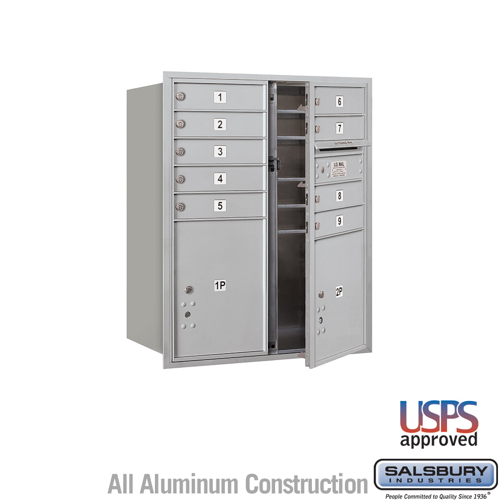 10 Door High Recessed Mounted 4C Horizontal Mailbox with 9 Doors and 2 Parcel Lockers in Aluminum with USPS Access - Front Loading