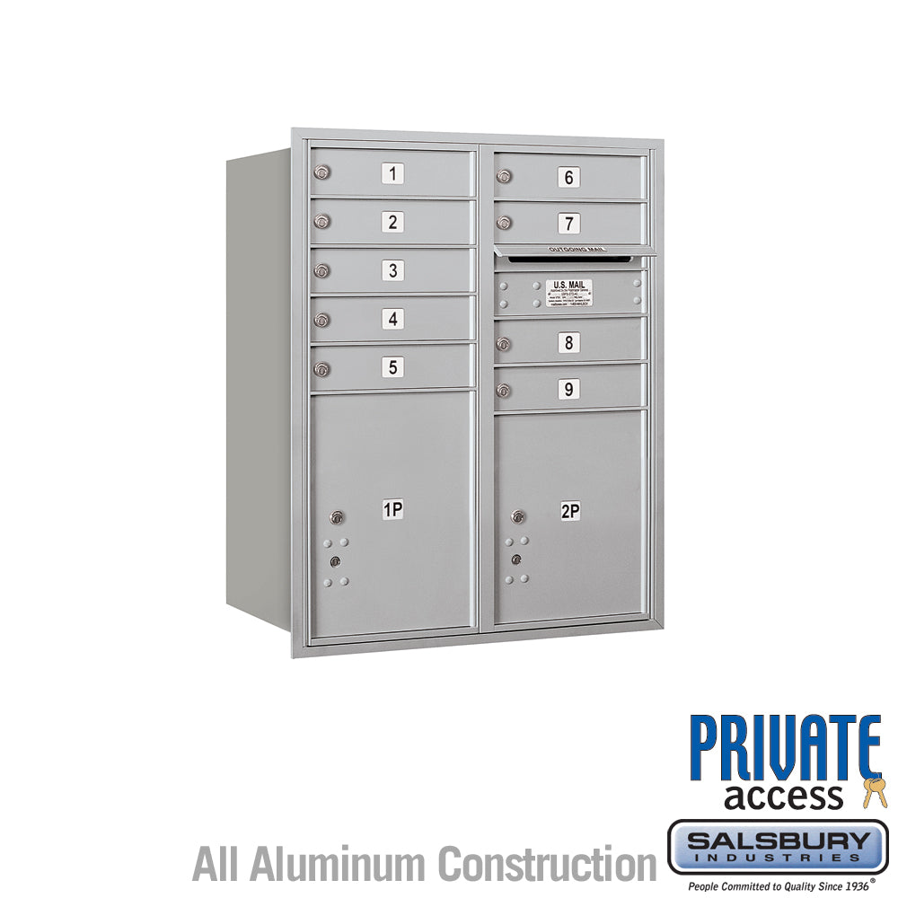 10 Door High Recessed Mounted 4C Horizontal Mailbox with 9 Doors and 2 Parcel Lockers in Aluminum with Private Access - Rear Loading