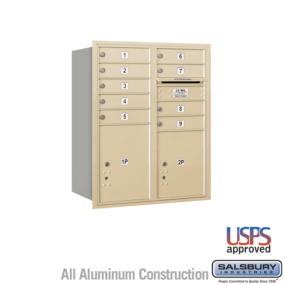 10 Door High Recessed Mounted 4C Horizontal Mailbox with 9 Doors and 2 Parcel Lockers in Sandstone with USPS Access - Rear Loading