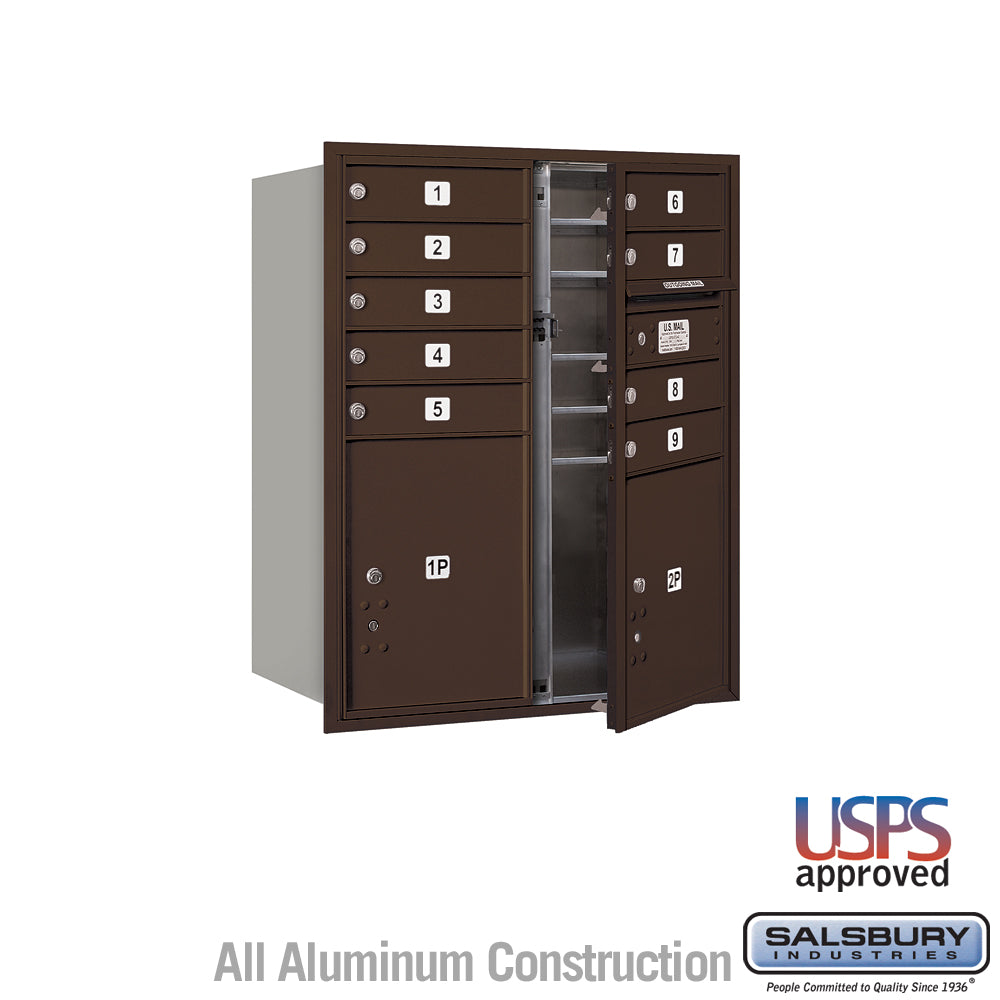 10 Door High Recessed Mounted 4C Horizontal Mailbox with 9 Doors and 2 Parcel Lockers in Bronze with USPS Access - Front Loading