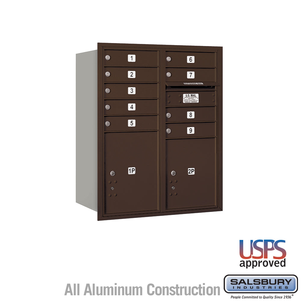 10 Door High Recessed Mounted 4C Horizontal Mailbox with 9 Doors and 2 Parcel Lockers in Bronze with USPS Access - Rear Loading