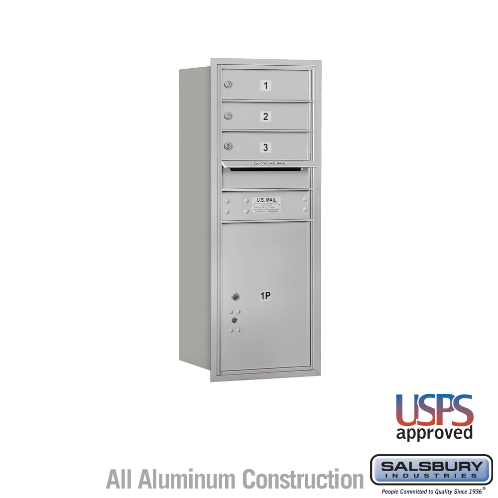 10 Door High Recessed Mounted 4C Horizontal Mailbox with 3 Doors and 1 Parcel Locker in Aluminum with USPS Access - Rear Loading