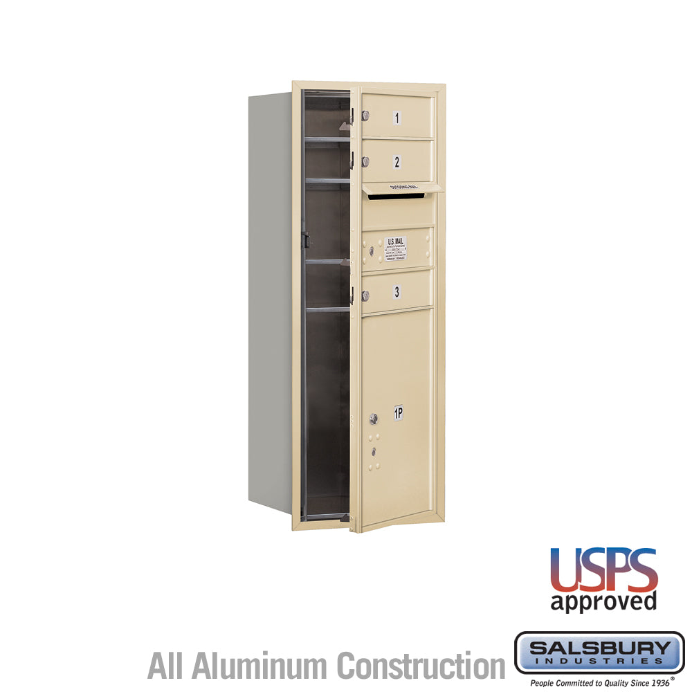 10 Door High Recessed Mounted 4C Horizontal Mailbox with 3 Doors and 1 Parcel Locker in Sandstone with USPS Access - Front Loading