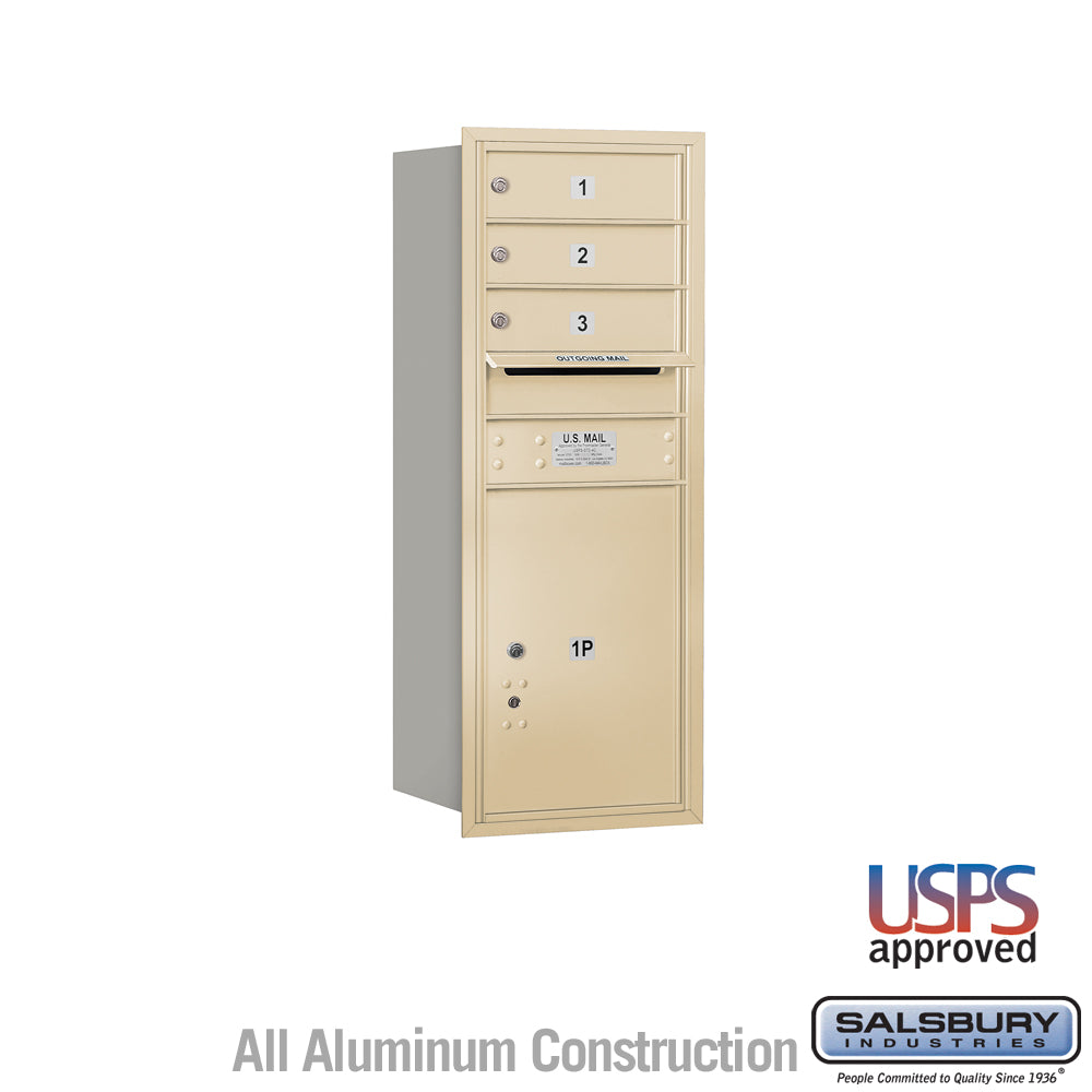 10 Door High Recessed Mounted 4C Horizontal Mailbox with 3 Doors and 1 Parcel Locker in Sandstone with USPS Access - Rear Loading