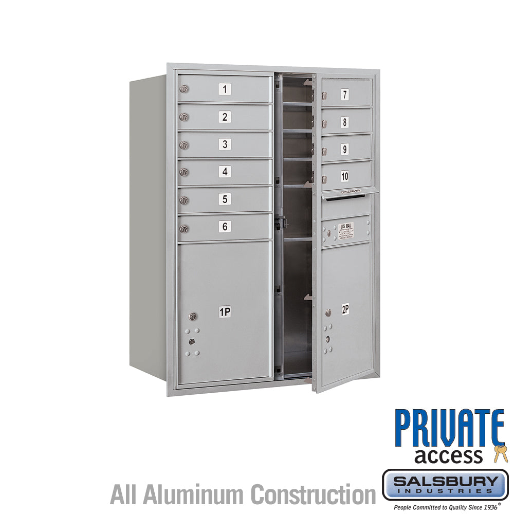 11 Door High Recessed Mounted 4C Horizontal Mailbox with 10 Doors and 2 Parcel Lockers in Aluminum with Private Access - Front Loading