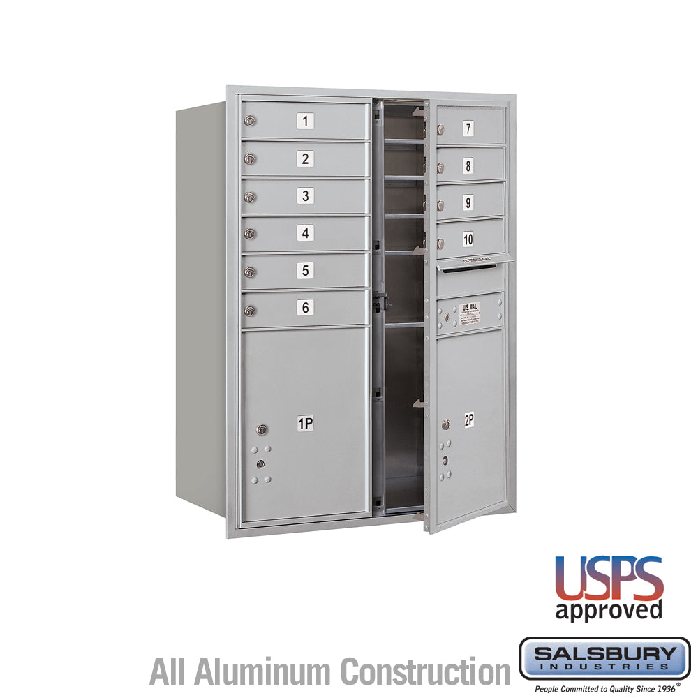 11 Door High Recessed Mounted 4C Horizontal Mailbox with 10 Doors and 2 Parcel Lockers in Aluminum with USPS Access - Front Loading