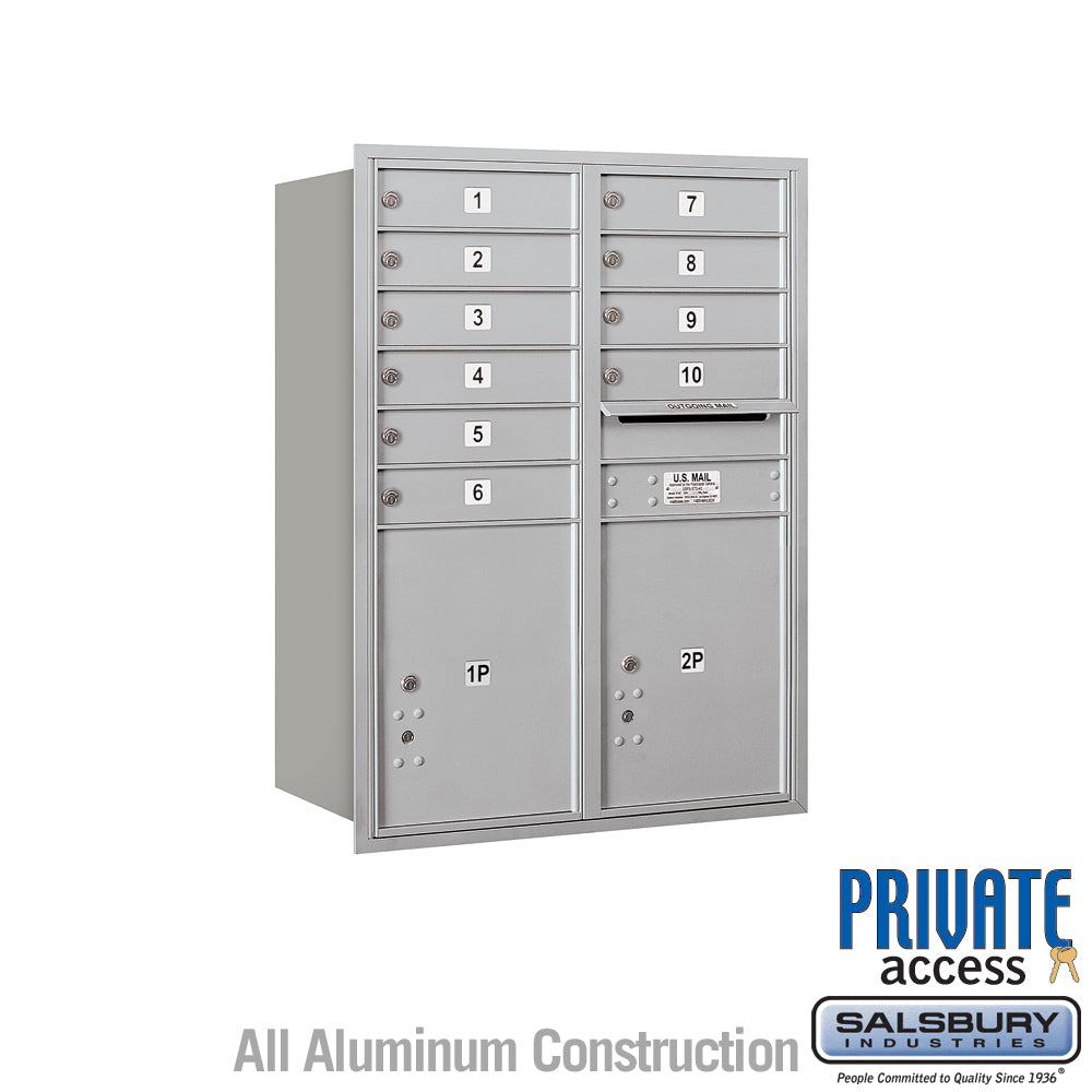 11 Door High Recessed Mounted 4C Horizontal Mailbox with 10 Doors and 2 Parcel Lockers in Aluminum with Private Access - Rear Loading