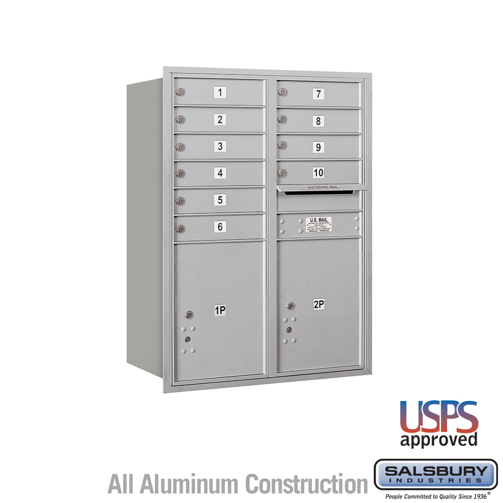 11 Door High Recessed Mounted 4C Horizontal Mailbox with 10 Doors and 2 Parcel Lockers in Aluminum with USPS Access - Rear Loading