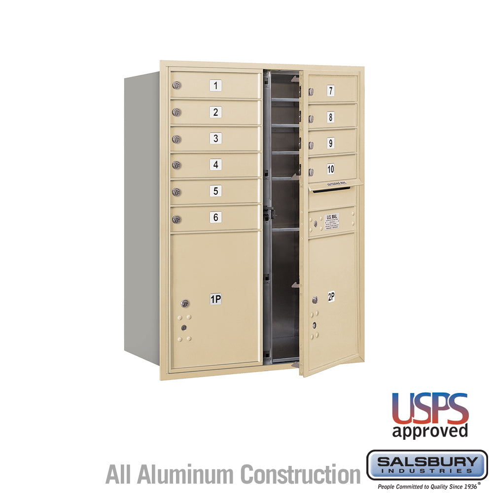 11 Door High Recessed Mounted 4C Horizontal Mailbox with 10 Doors and 2 Parcel Lockers in Sandstone with USPS Access - Front Loading