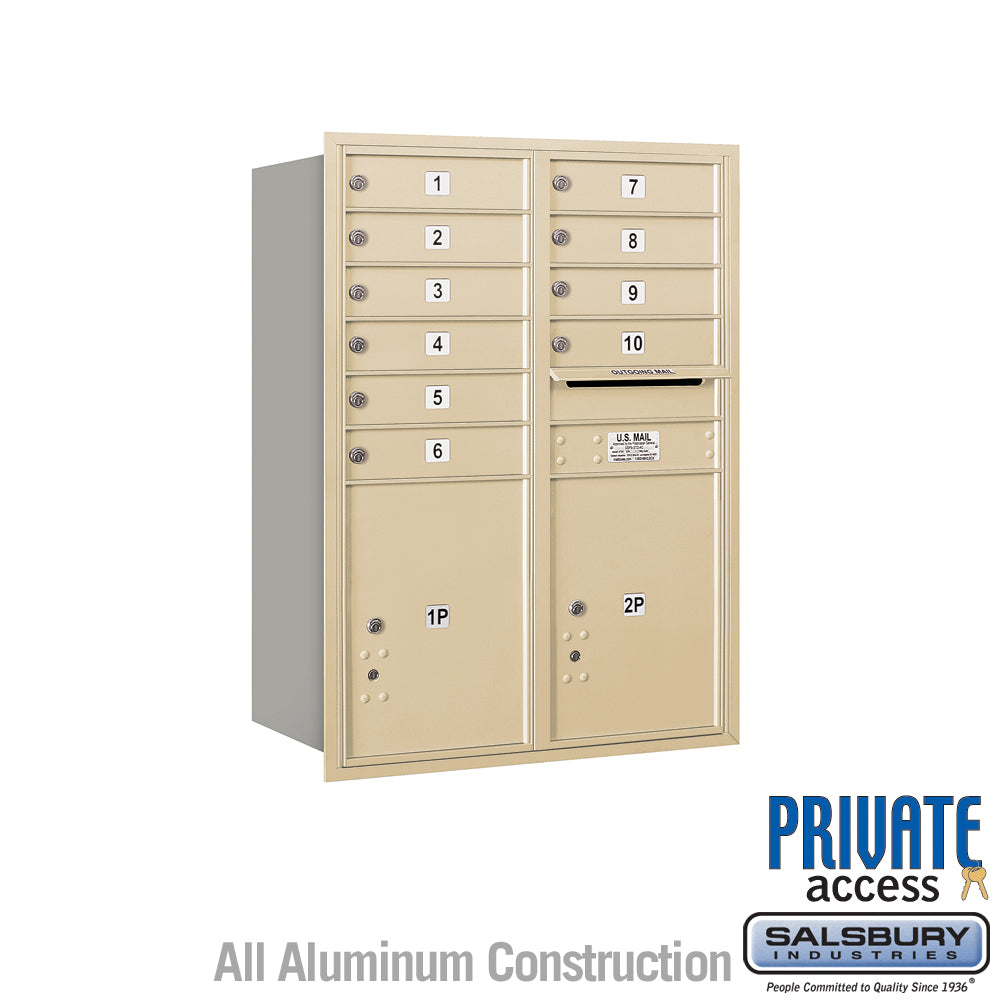 11 Door High Recessed Mounted 4C Horizontal Mailbox with 10 Doors and 2 Parcel Lockers in Sandstone with Private Access - Rear Loading