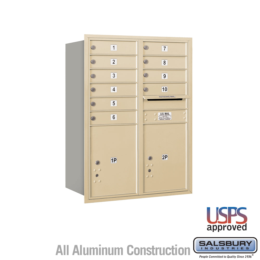 11 Door High Recessed Mounted 4C Horizontal Mailbox with 10 Doors and 2 Parcel Lockers in Sandstone with USPS Access - Rear Loading