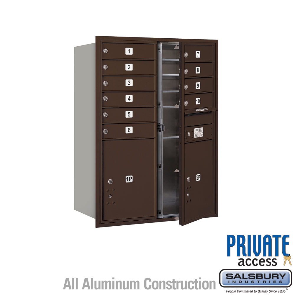 11 Door High Recessed Mounted 4C Horizontal Mailbox with 10 Doors and 2 Parcel Lockers in Bronze with Private Access - Front Loading