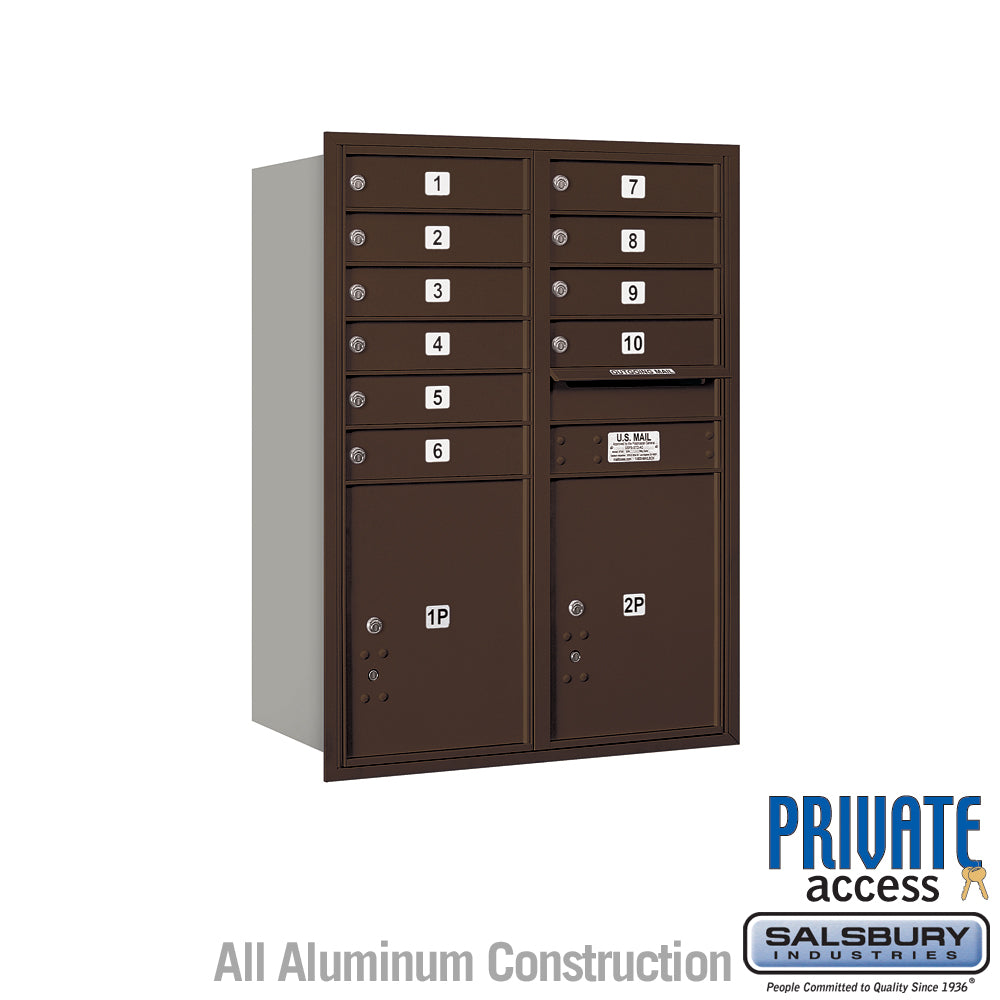 11 Door High Recessed Mounted 4C Horizontal Mailbox with 10 Doors and 2 Parcel Lockers in Bronze with Private Access - Rear Loading