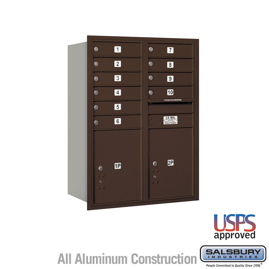 11 Door High Recessed Mounted 4C Horizontal Mailbox with 10 Doors and 2 Parcel Lockers in Bronze with USPS Access - Rear Loading