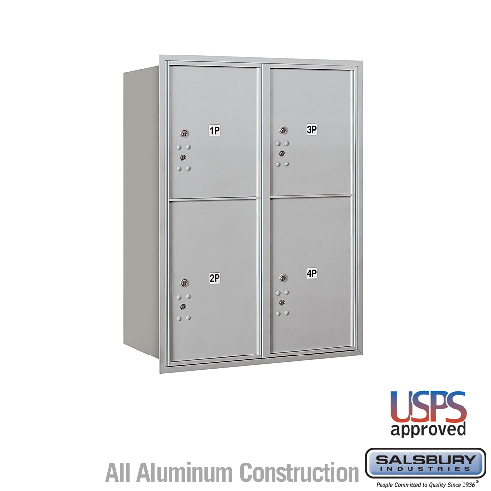 11 Door High Recessed Mounted 4C Horizontal Parcel Locker with 4 Parcel Lockers in Aluminum with USPS Access - Rear Loading