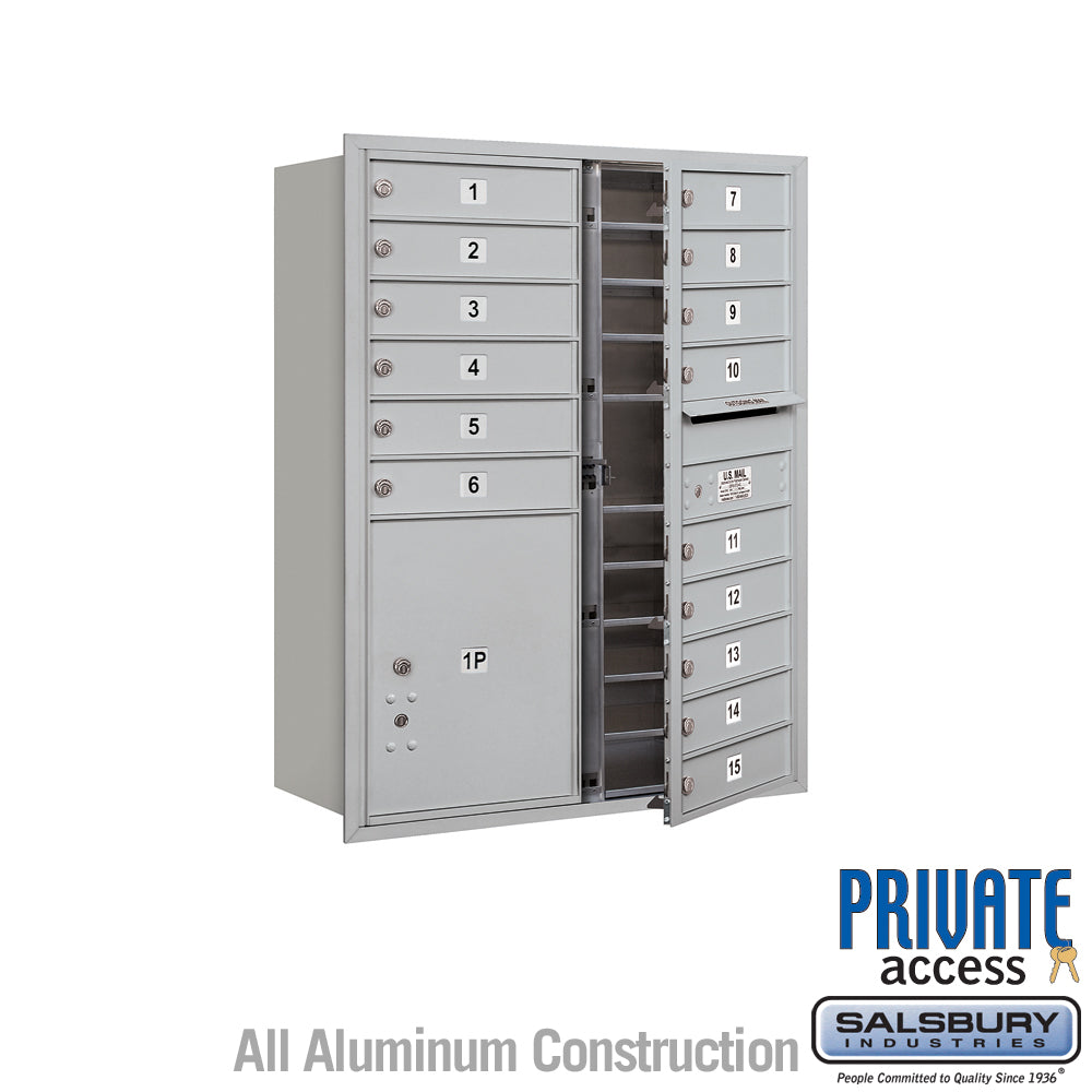 11 Door High Recessed Mounted 4C Horizontal Mailbox with 15 Doors and 1 Parcel Locker in Aluminum with Private Access - Front Loading