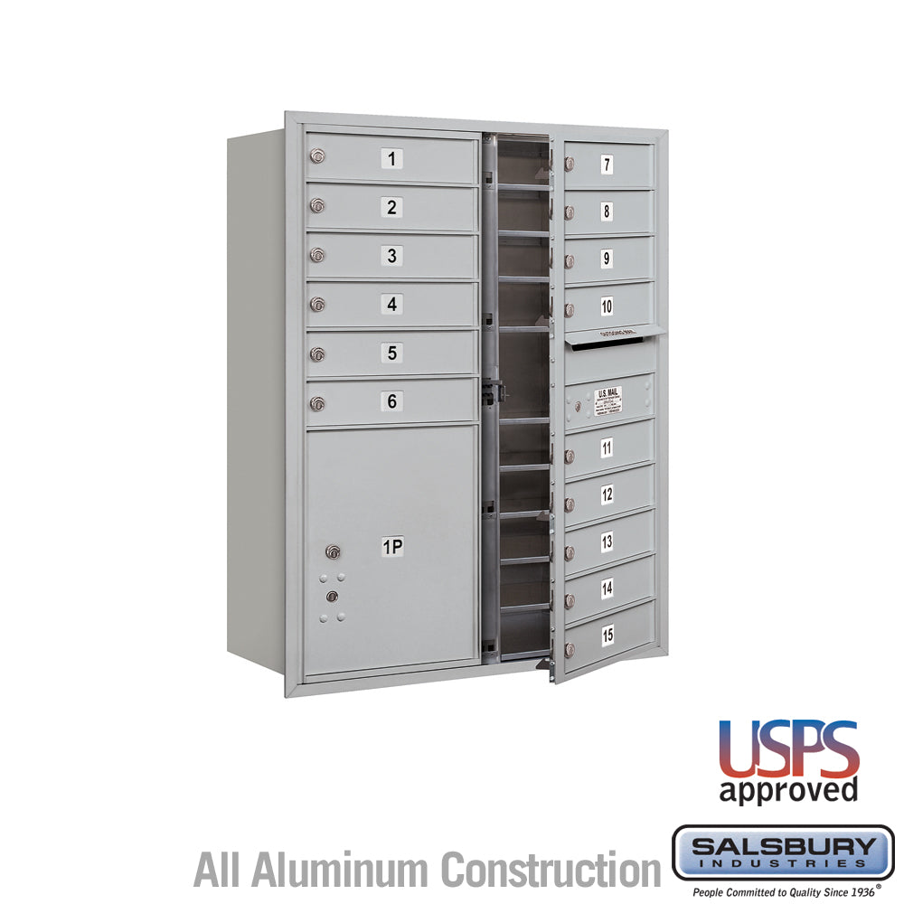 11 Door High Recessed Mounted 4C Horizontal Mailbox with 15 Doors and 1 Parcel Locker in Aluminum with USPS Access - Front Loading