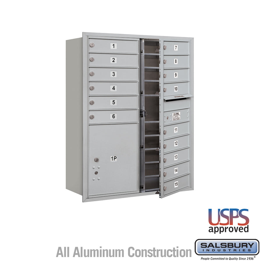 11 Door High Recessed Mounted 4C Horizontal Mailbox with 15 Doors and 1 Parcel Locker in Aluminum with USPS Access - Front Loading