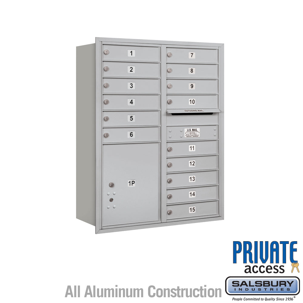 11 Door High Recessed Mounted 4C Horizontal Mailbox with 15 Doors and 1 Parcel Locker in Aluminum with Private Access - Rear Loading