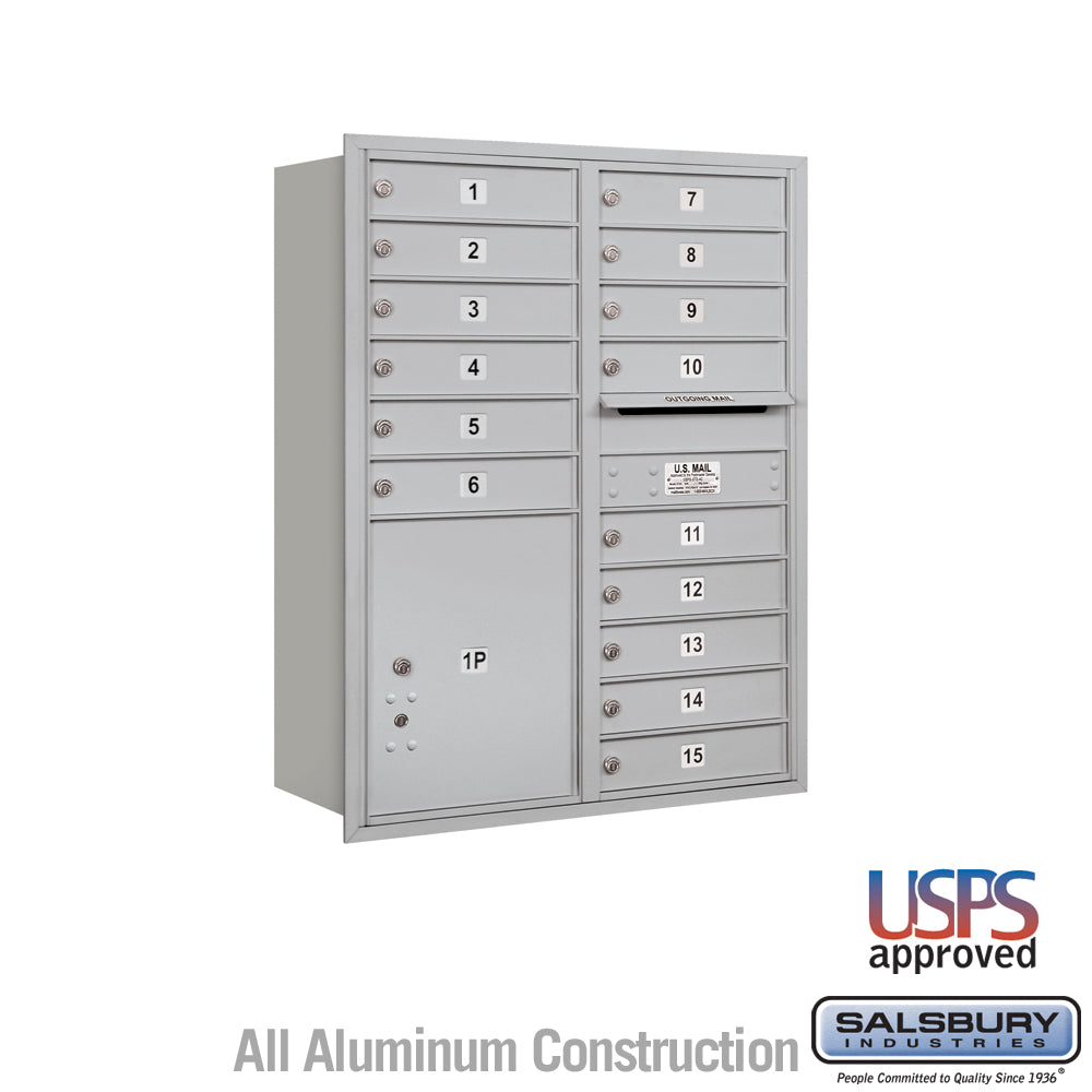 11 Door High Recessed Mounted 4C Horizontal Mailbox with 15 Doors and 1 Parcel Locker in Aluminum with USPS Access - Rear Loading