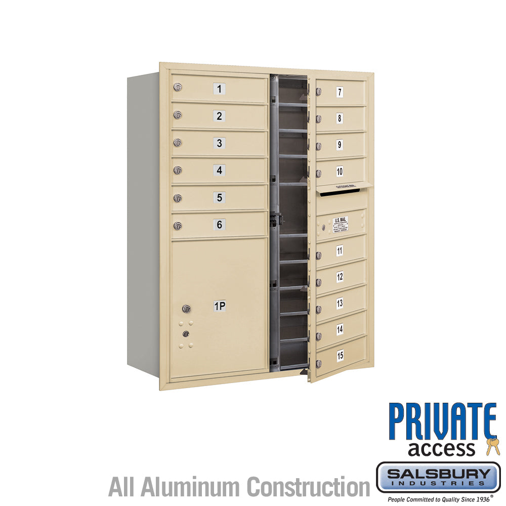 11 Door High Recessed Mounted 4C Horizontal Mailbox with 15 Doors and 1 Parcel Locker in Sandstone with Private Access - Front Loading