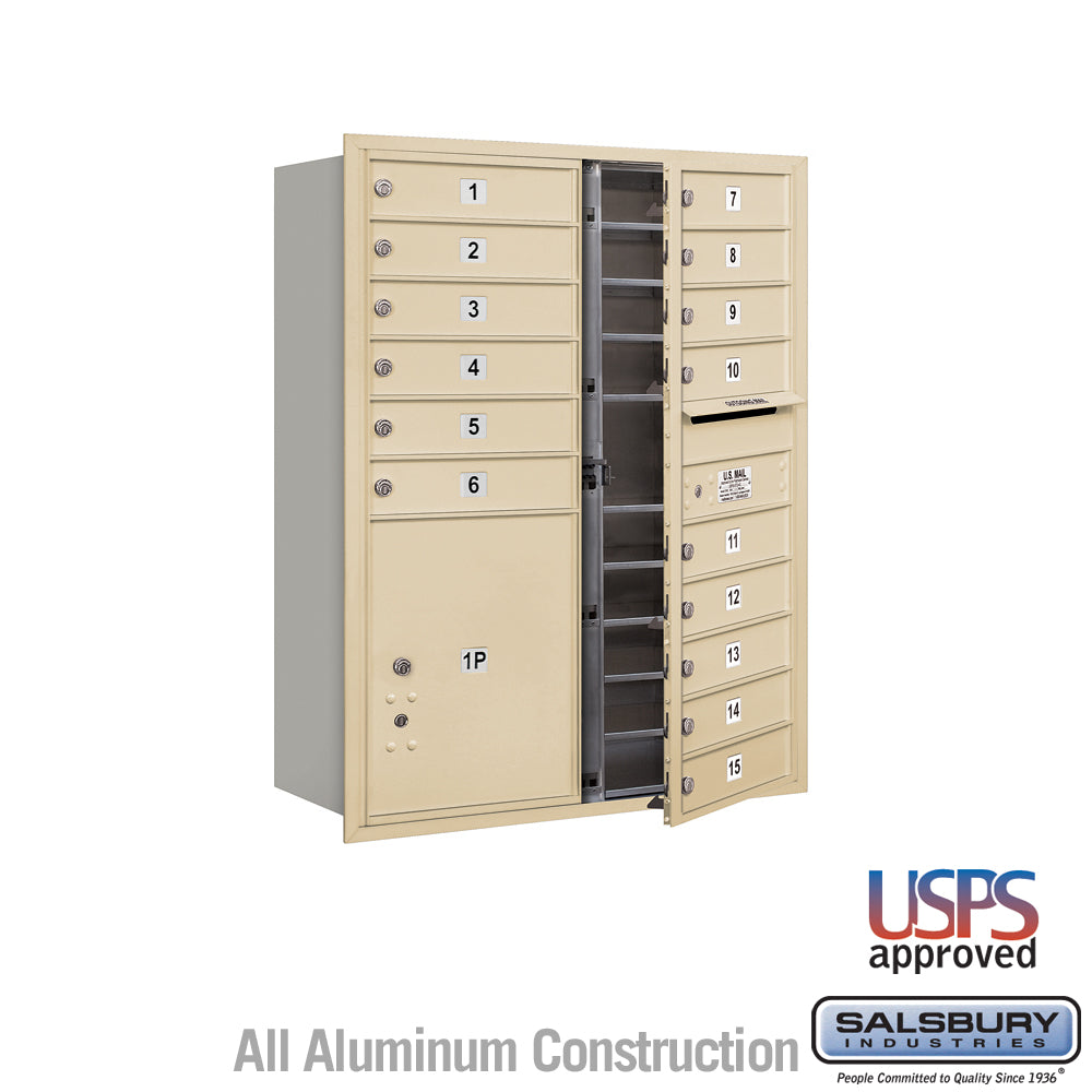 11 Door High Recessed Mounted 4C Horizontal Mailbox with 15 Doors and 1 Parcel Locker in Sandstone with USPS Access - Front Loading