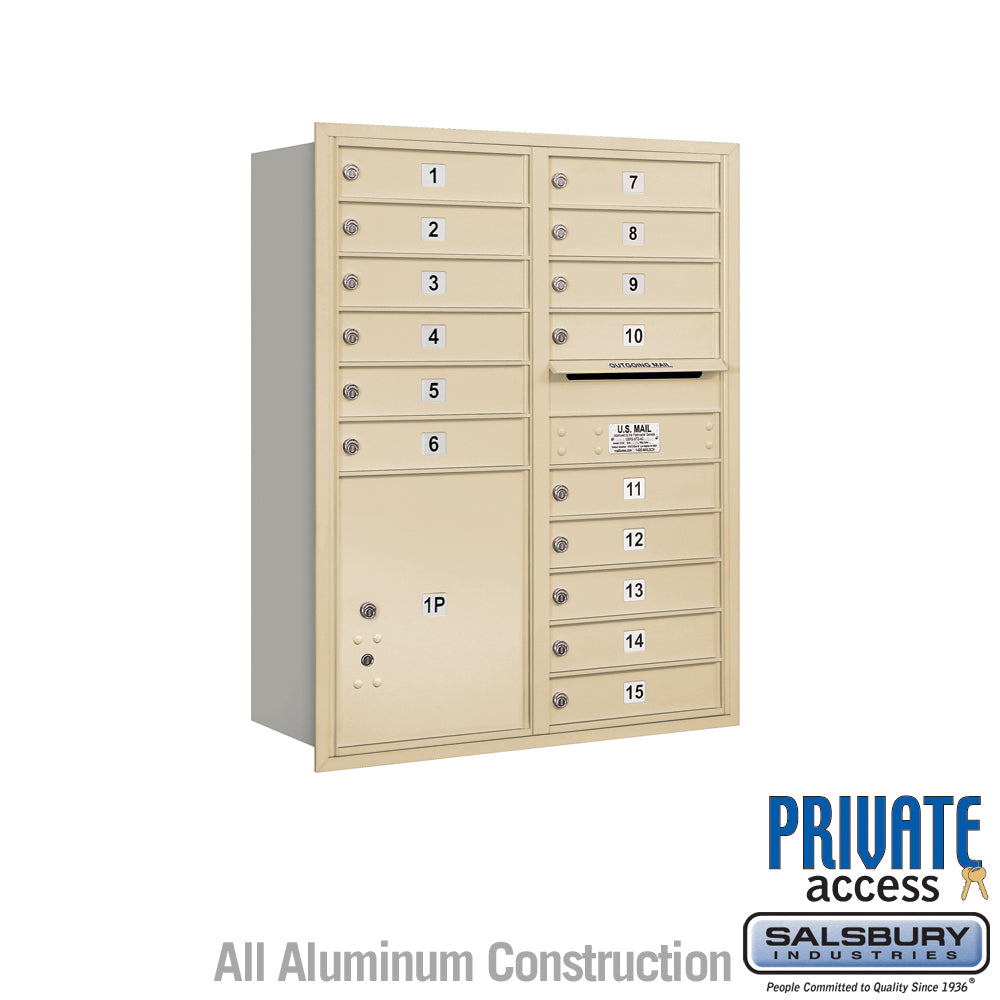 11 Door High Recessed Mounted 4C Horizontal Mailbox with 15 Doors and 1 Parcel Locker in Sandstone with Private Access - Rear Loading